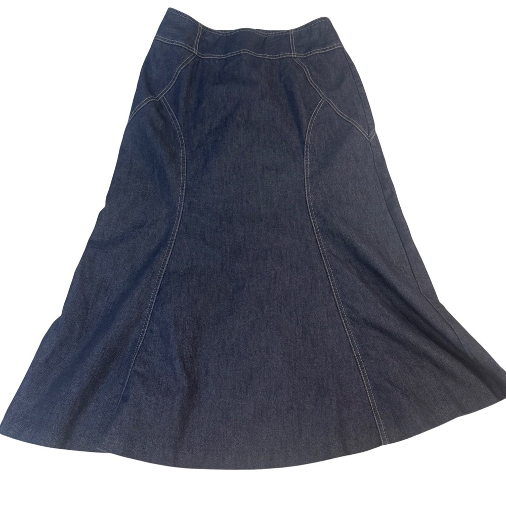 New York Clothing Co Dark Wash Denim Midi Skirt Contrast Stitch Size 10 Flared